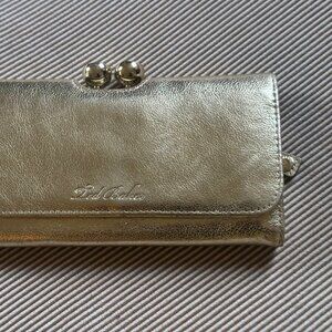 Ted Baker Gold Metallic Wallet Clutch w Bobbles Turnlock  7-½” x 4”